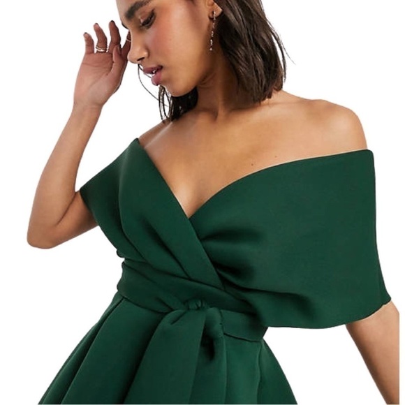 ASOS DESIGN fallen shoulder skater mini dress with tie detail in forest green - Picture 3 of 4